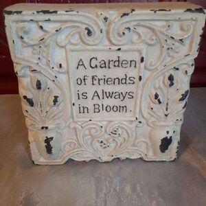 Beautiful Shabby Chic Distressed Scrolled Beige Plaque Approximately 6" x 6".